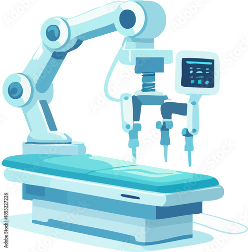 A clean flat illustration depicts a modern medical robotic surgical system with articulated robotic arms and a digital control interface positioned over an operating table.