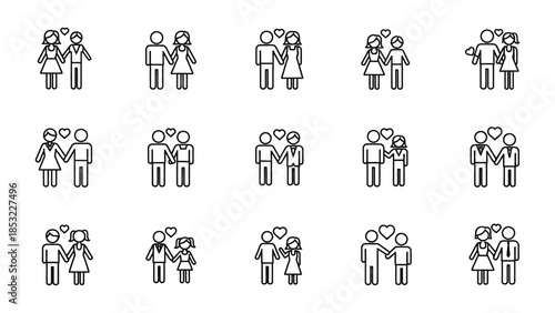 Valentine's day romantic couple people icons set. Illustrations of various family structures