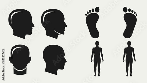 Human body silhouettes and footprints set vector illustration