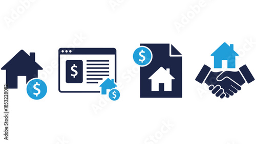 Real estate investment icons featuring homes finances and digital technology