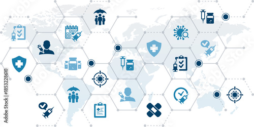 Vaccination / vaccine vector. Blue concept with icons related to immunization or inoculation - protection against viruses like flu & other diseases - international public health - outbreak prevention.