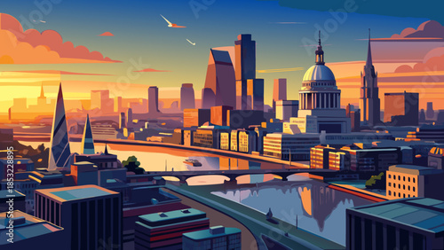 Very beautiful aerial sunset cityscape of London with the River Thames flowing through the modern urban environment, featuring iconic skyline elements and warm evening light.