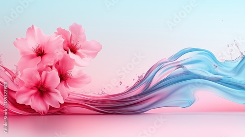 Pink blossoms drift on a swirling wave of blue and pink against a soft gradient sky. The dreamy scene evokes spring’s gentle beauty, fluid motion, and serene elegance.