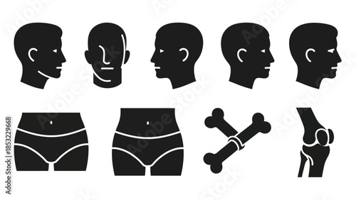 Human body silhouettes head torso and bone illustrations in black and white