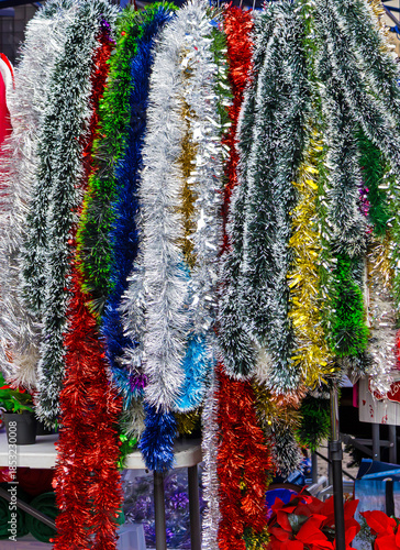 Colorful sparkling long tinsel strings Christmas decor ornaments