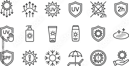 Sun protection and UV safety icon set illustration, sunscreen bottles, SPF shields, ultraviolet warning symbols, beach skincare elements, modern outline vector collection