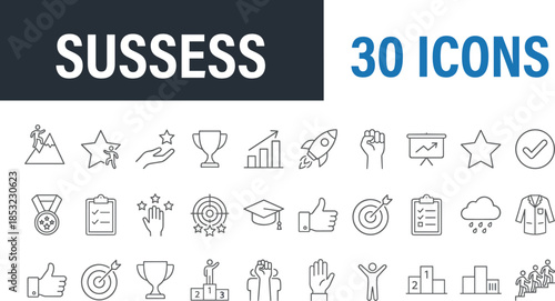 Success and achievement icon set illustration, business growth, motivation symbols, trophy, target, checklist, progress elements, modern outline vector collection for success concept design
