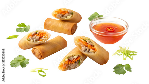 Delicious vietnamese spring rolls with shrimp and fresh herbs served with dipping sauce isolated on transparent background