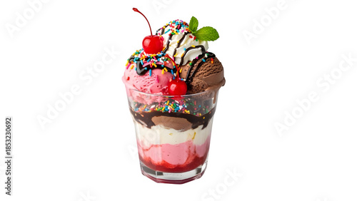 Delicious towering sundae with strawberry chocolate and vanilla ice cream whipped cream cherries and lime isolated on transparent background