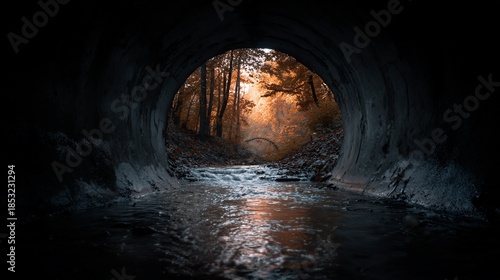 Water flowing through dark concrete tunnel towards a sunlit forest view