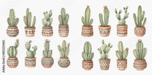 Watercolor illustration set of various green cacti in decorative terracotta pots, isolated on a transparent background.