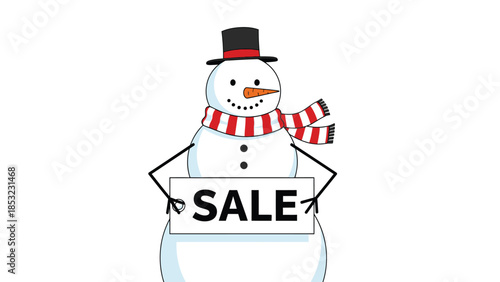 Snowman holding sale sign representing winter discount promotion festive marketing and holiday shopping concept