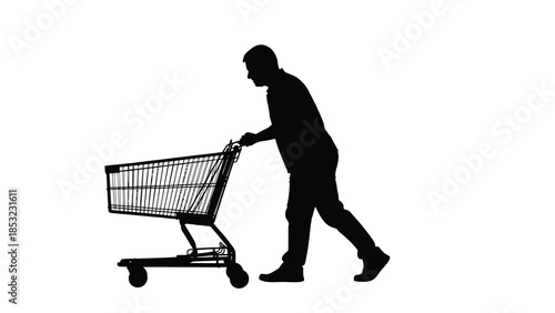 Man pushing shopping cart silhouette representing consumer behavior retail purchase and modern buying lifestyle concept