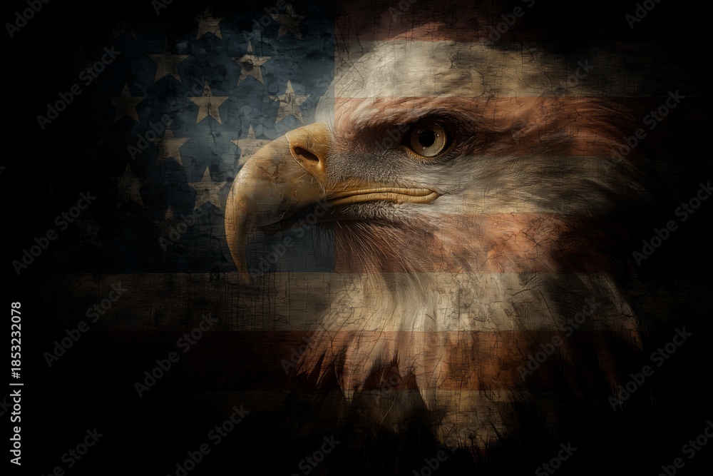 Fototapeta premium An eagle fierce gaze pierces through the faded stars of the American flag in shadowy tones. The image evokes patriotism, strength, and the enduring spirit of the nation.