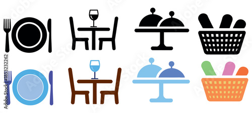 Collection of dining and restaurant icons featuring cutlery, tables, serving dishes, and bread baskets