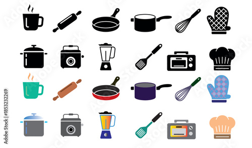 A collection of diverse kitchen utensils and cooking appliances in various styles