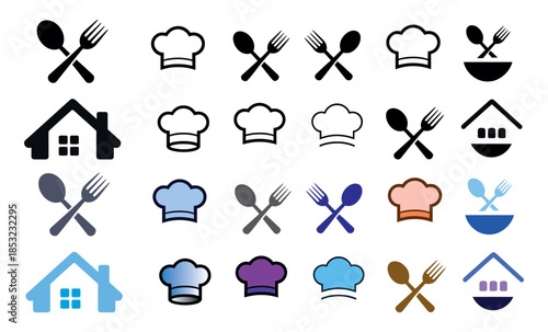 Collection of diverse cooking and home icons featuring chef hats, cutlery, and house symbols