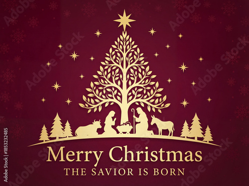 Merry Christmas, the savior is born - mary and joseph in a manger with baby Jesus in gold christmas tree sign and star around on snow texture and red background vector design