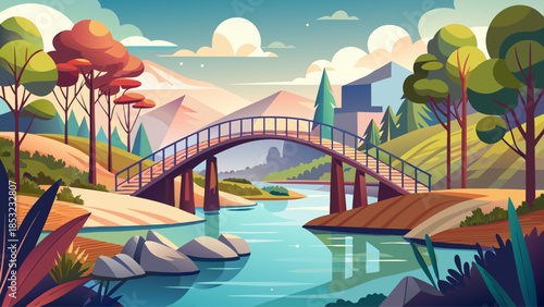 Very beautiful simple view of a bridge crossing a flowing river, capturing structural lines, reflections on water, and a balanced composition between architecture and nature.