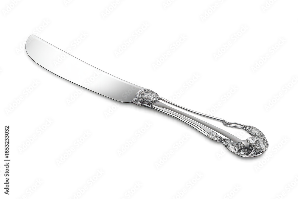 Fototapeta premium Butter knife silver ornate design transparent background, elegant metal