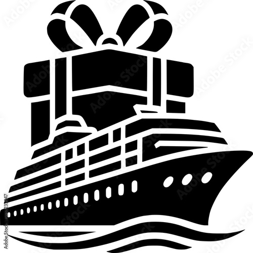 Cruise Gift Icon: A stylized black and white illustration depicts a cruise ship adorned with a large gift box, symbolizing a vacation getaway package and travel incentive.