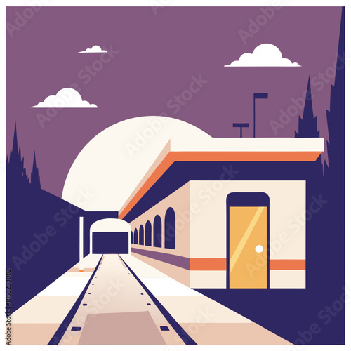 Train station building with sunset background and railway tracks  