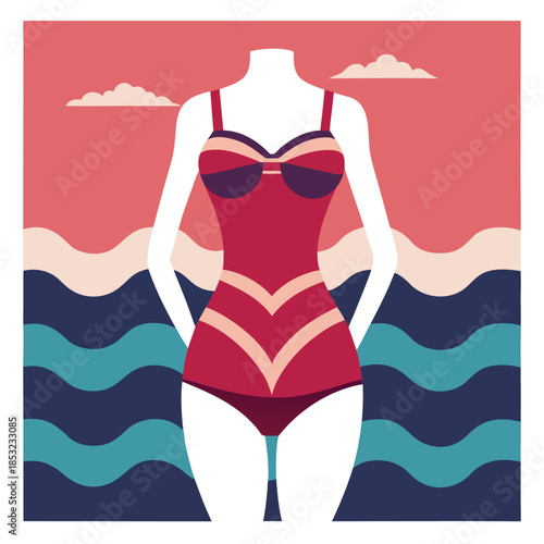 Vintage swimsuit illustration with ocean background and clouds  