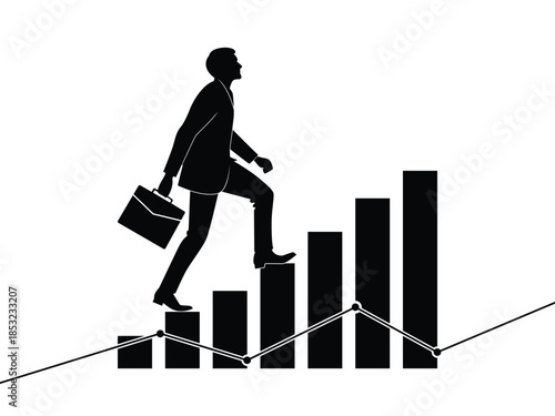 Businessman climbing success ladder with briefcase in hand confidently