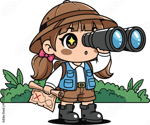 Cute girl explorer with binoculars and map in hand standing in lush greenery