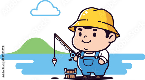 Happy cartoon boy fishing by serene lake with bucket nearby