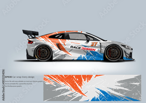 A high-impact orange and grey GT racing wrap blending bold color contrast with modern motorsport aggression.