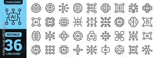 Artificial Intelligence Line Icons Set for Machine Learning, Neural Networks, Automation, Data Processing and Smart Technology