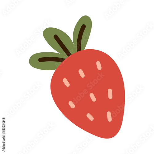 Vector strawberry with green leaves. Cute fruit clipart for summer, healthy food, desserts, plant and vegetarian design, stickers, textile or child collection in flat style.
