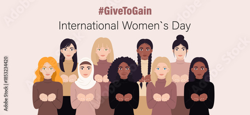 International Women's Day banner. IWD2026 campaign theme Give To Gain. Vector illustration