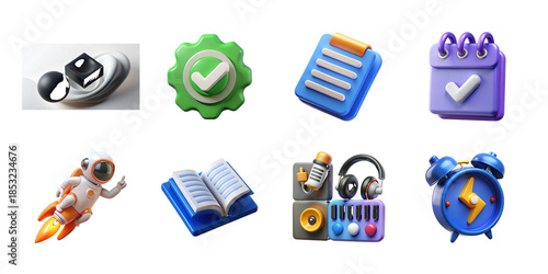 Colorful app with astronaut, book, and alarm clock isolated on a transparent background