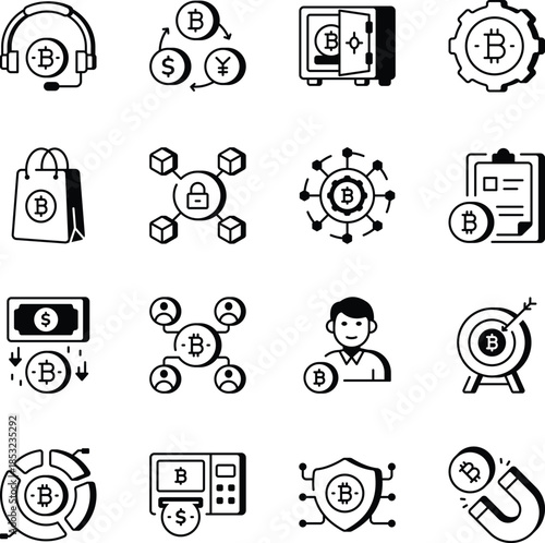 Set of Blockchain and Bitcoin Outline Style Icons