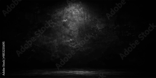 A dark vintage grunge film background featuring a textured black concrete wall surface with aged grey paper patterns and subtle smoke overlays on a blank empty backdrop