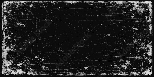 Vintage black and white abstract grunge background featuring a textured ink splatter pattern on a rough paper wall with a dirty paint border and an antique vector illustration design surface