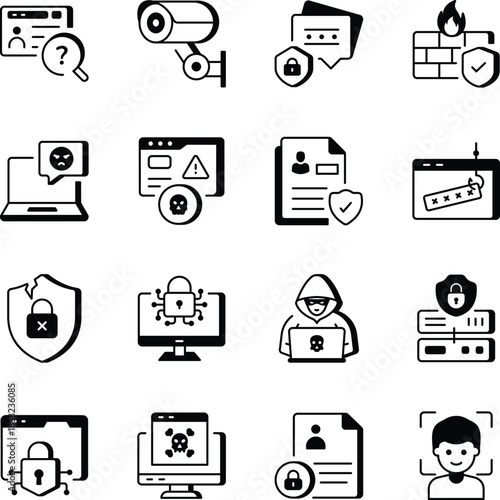 Set of Cybersecurity and Security Line Style Icons 