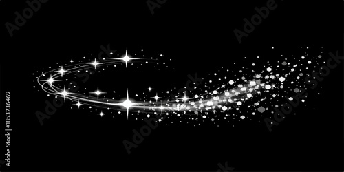 An abstract vector background features a magical winter design with glowing gold stars and shiny glitter waves sparkling against a dark black wallpaper for a bright Christmas celebration