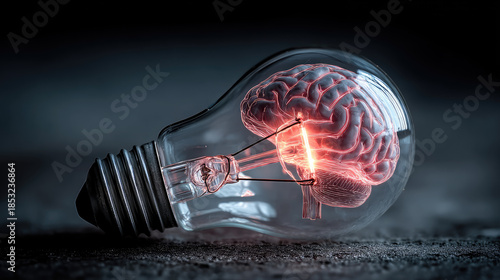 Human brain enclosed within a light bulb, symbolizing the origin of innovative ideas, a bright mind generating solutions, and the power of human intellect for creating new developments