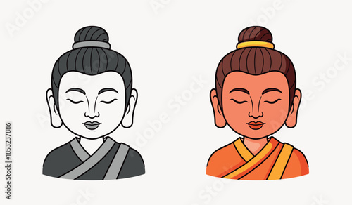 Two illustrated buddha head depictions one in color and one monochrome high quality