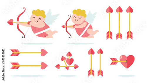 Fotografia Cute cartoon cherubs shooting heart-tipped arrows in pink and red baby angel