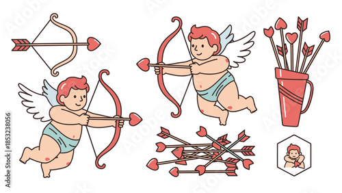 Cute cartoon cherubs shooting heart-tipped arrows in various poses baby angel