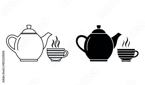A simple illustration depicting two different styles of teapots and teacups high quality