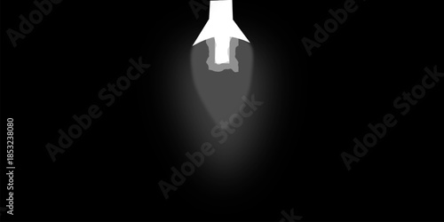 A stylized white light bulb or flame-like object emitting a soft, glowing light downwards against a dark, black background.