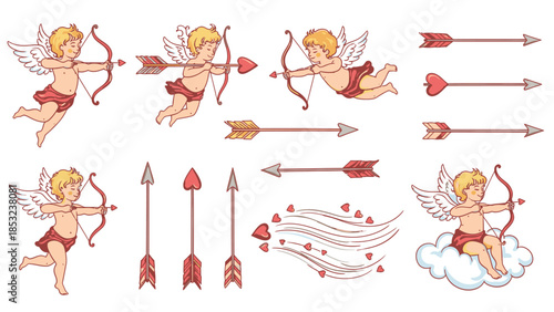 Fotografie Cute cherubs shooting arrows with hearts and clouds baby angel
