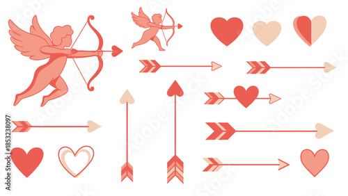 Red and pink cupid cherubs shooting arrows with hearts