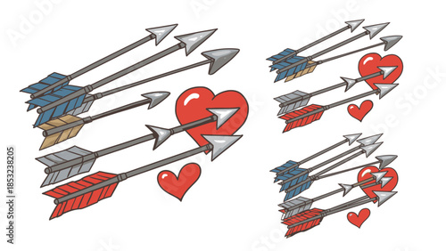 Colorful arrows with red hearts and feathers in a scattered arrangement blue