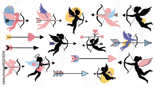 Colorful and black cupid shooting arrows with bows wings heart
